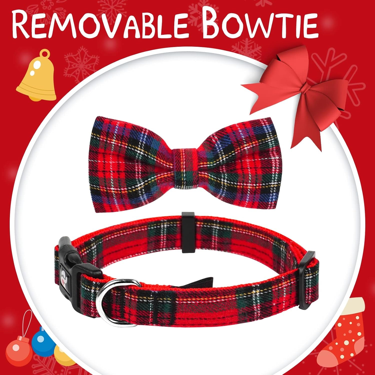 Christmas Dog Collar and Leash Set, Classic Plaid Collar with Removable Bowtie and Matching Leash for Small Medium and Large Dogs